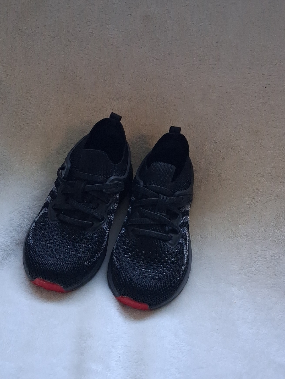 Athletic Works Black Knit Slip-On Sneakers with Subtle Red Toe
